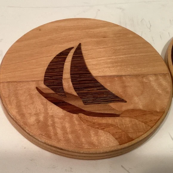 Wood Inlaid 4 Coasters Sailboat and Mountain Sunset - Picture 3 of 7